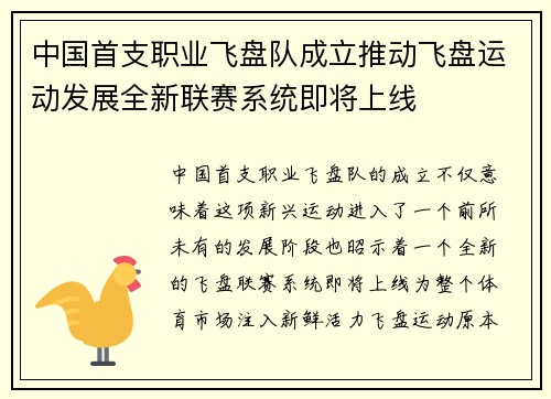 中国首支职业飞盘队成立推动飞盘运动发展全新联赛系统即将上线